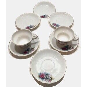 2 Teacups 6 Saucers Made in Japan Vtg. Floral Gold Trim Pinks Blue Green Gray